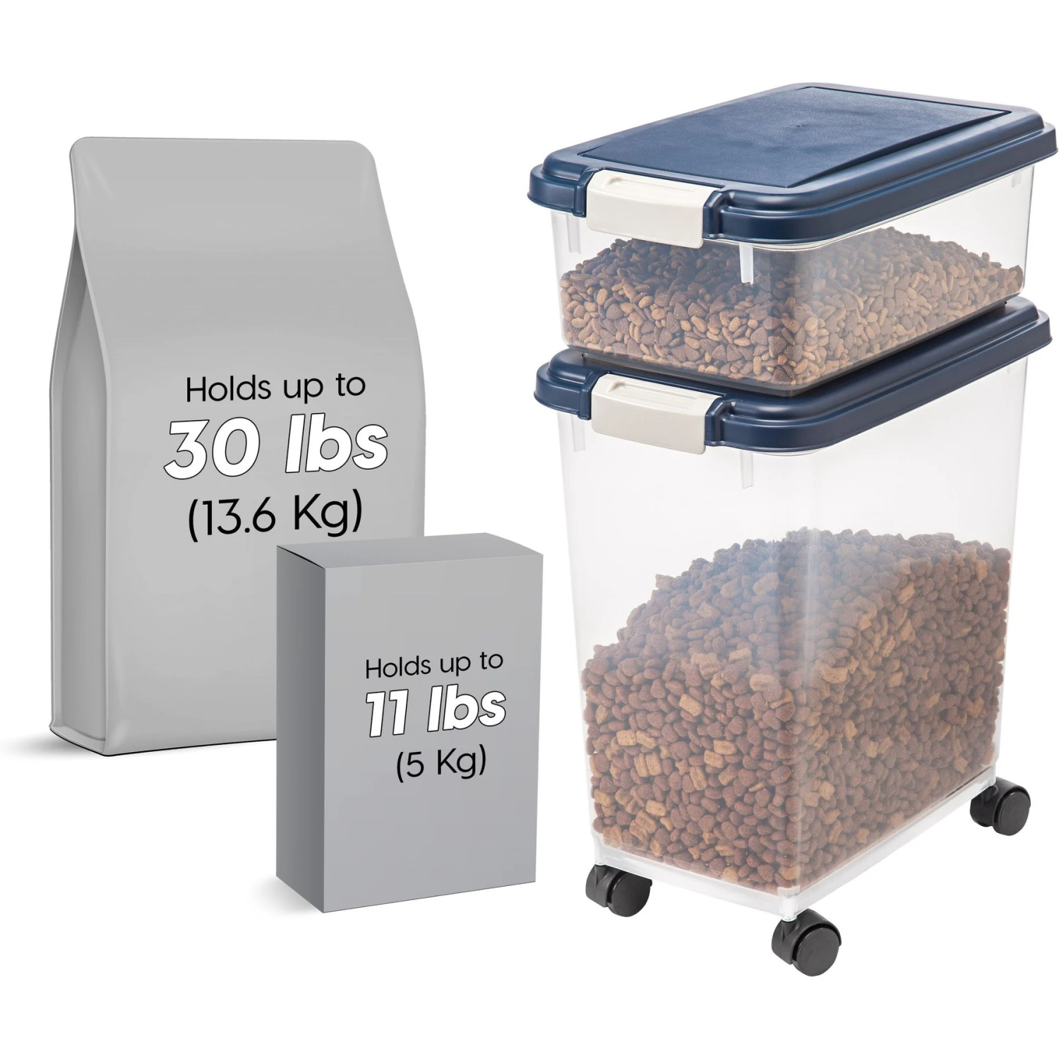 IRIS USA 2-Piece WeatherPro Airtight Stackable Dog Cat & Bird Food Pet Food Storage Container Combo & Treat Box, Navy, 35-lb 4 IRIS USA 2-Piece WeatherPro Airtight Stackable Dog Cat & Bird Food Pet Food Storage Container Combo & Treat Box, Navy, 35-lb - Image 2