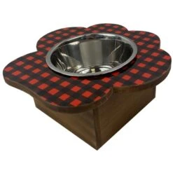 Mela Artisans Paw Shaped Elevated Dog & Cat Bowl, Black & White Buffalo Plaid, 2-cup