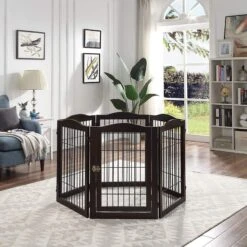 Unipaws 31.5-in 6 Panel Freestanding Wooden Wire Dog & Cat Gate, Espresso -Dog Supplies 263519 PT1. AC SS1800 V1607454126
