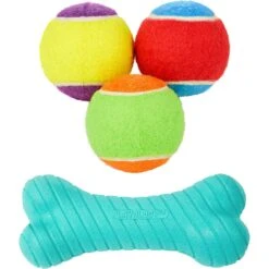 Frisco Fetch Squeaking Colorful Tennis Ball Dog Toy & Playology Scented Dual Layer Bone Dog Toy
