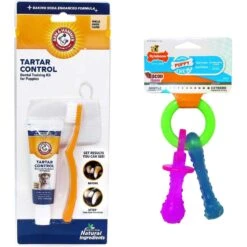 ARM & HAMMER PRODUCTS Tartar Control Vanilla-Ginger Flavored Enzymatic Puppy Dental Training Kit & Nylabone Puppy Pacifier Teething Toy Chew Teething Pacifier Bacon